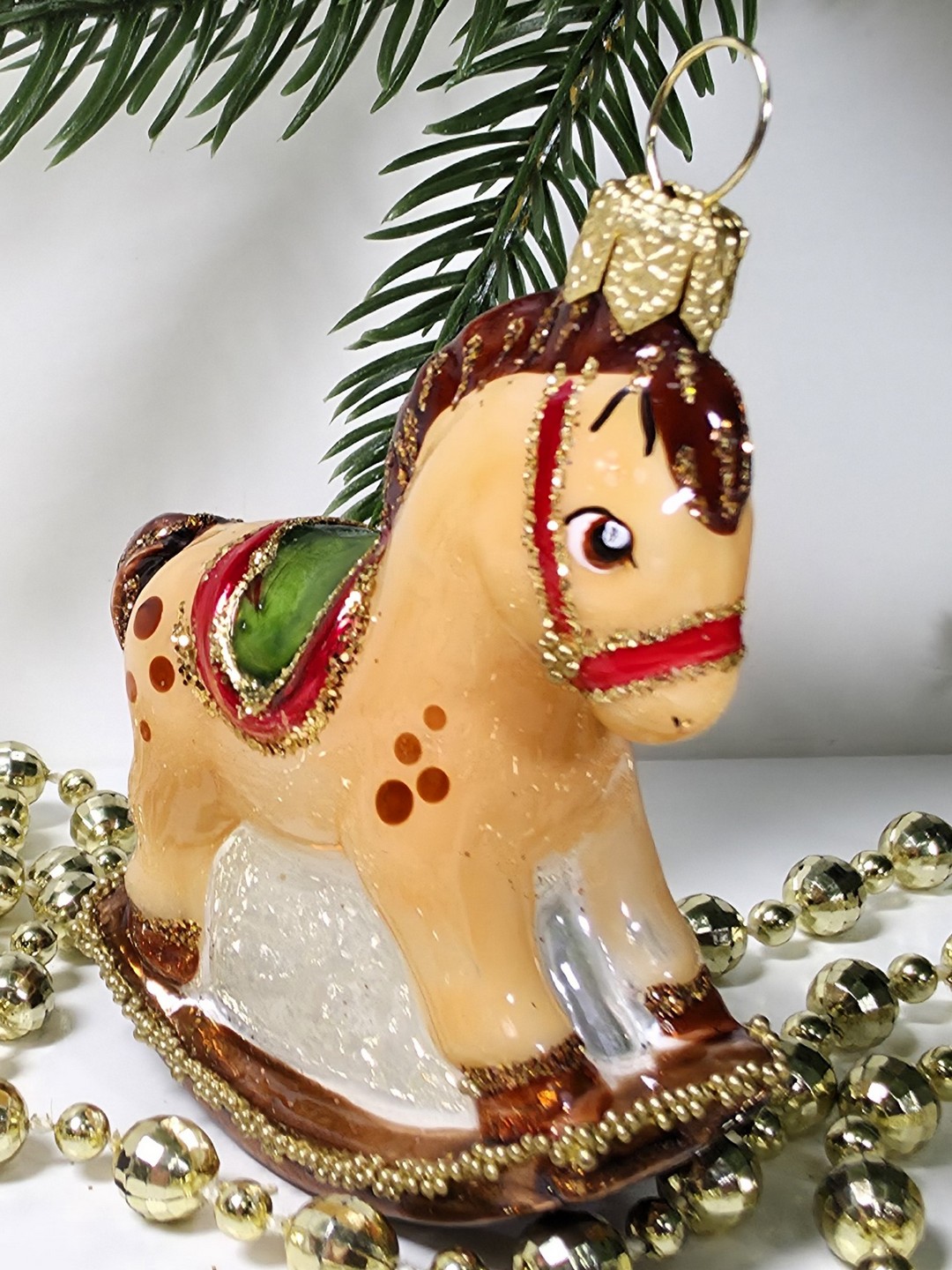 фото Стеклянная елочная игрушка Лошадка качалка малая