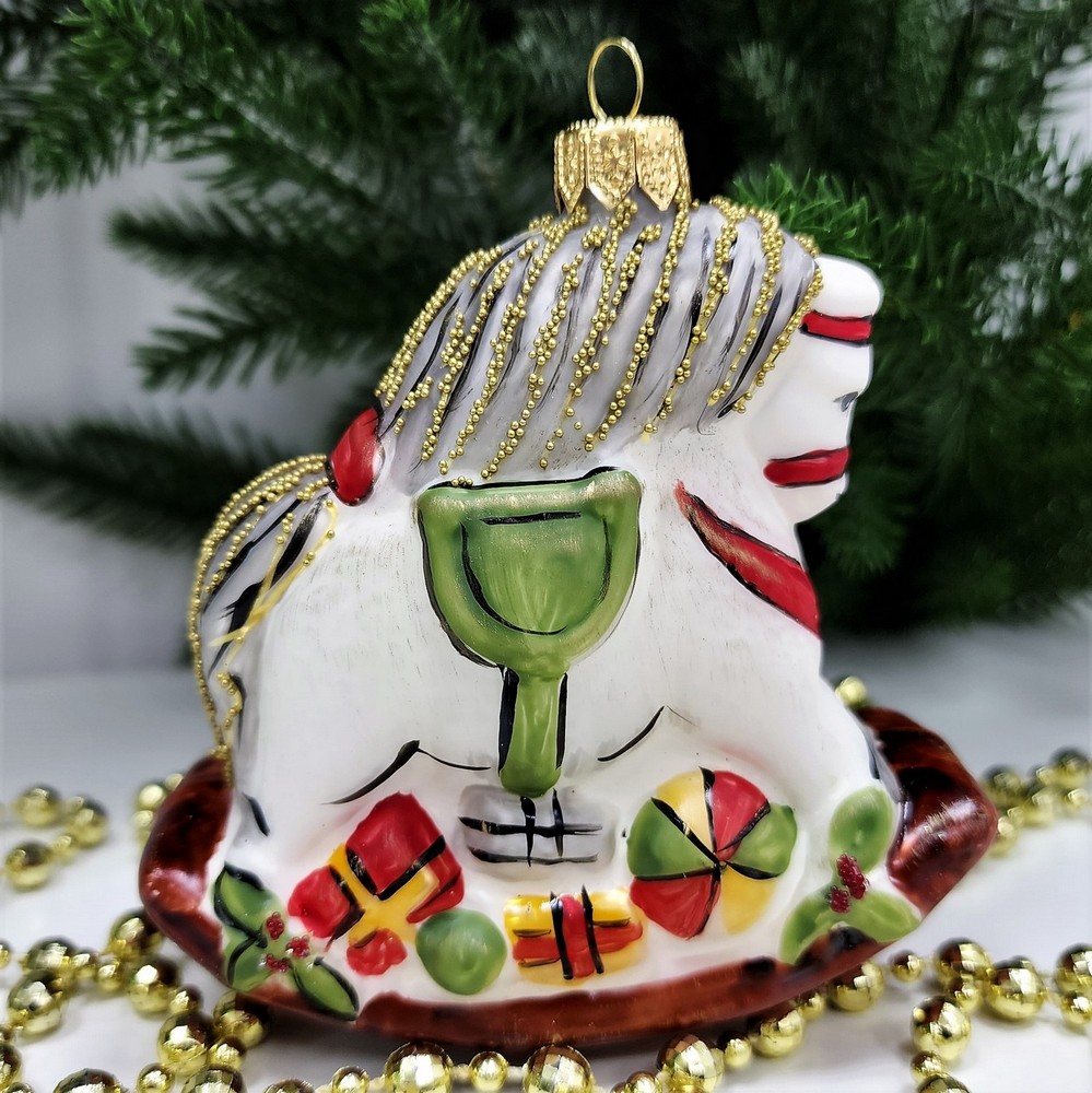 фото Стеклянная елочная игрушка Лошадка-качалка винтаж