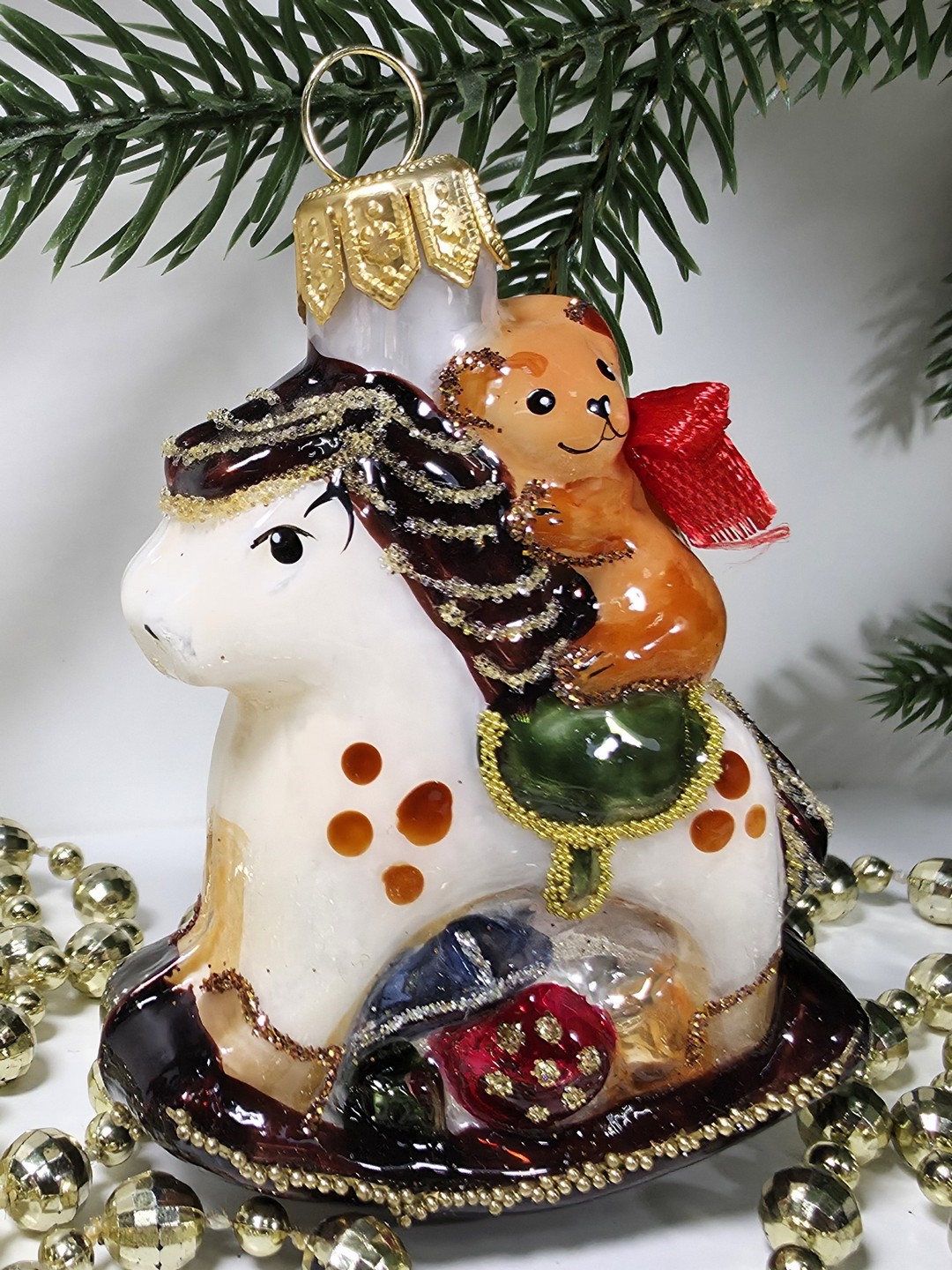 фото Стеклянная елочная игрушка Мишка на лошадке