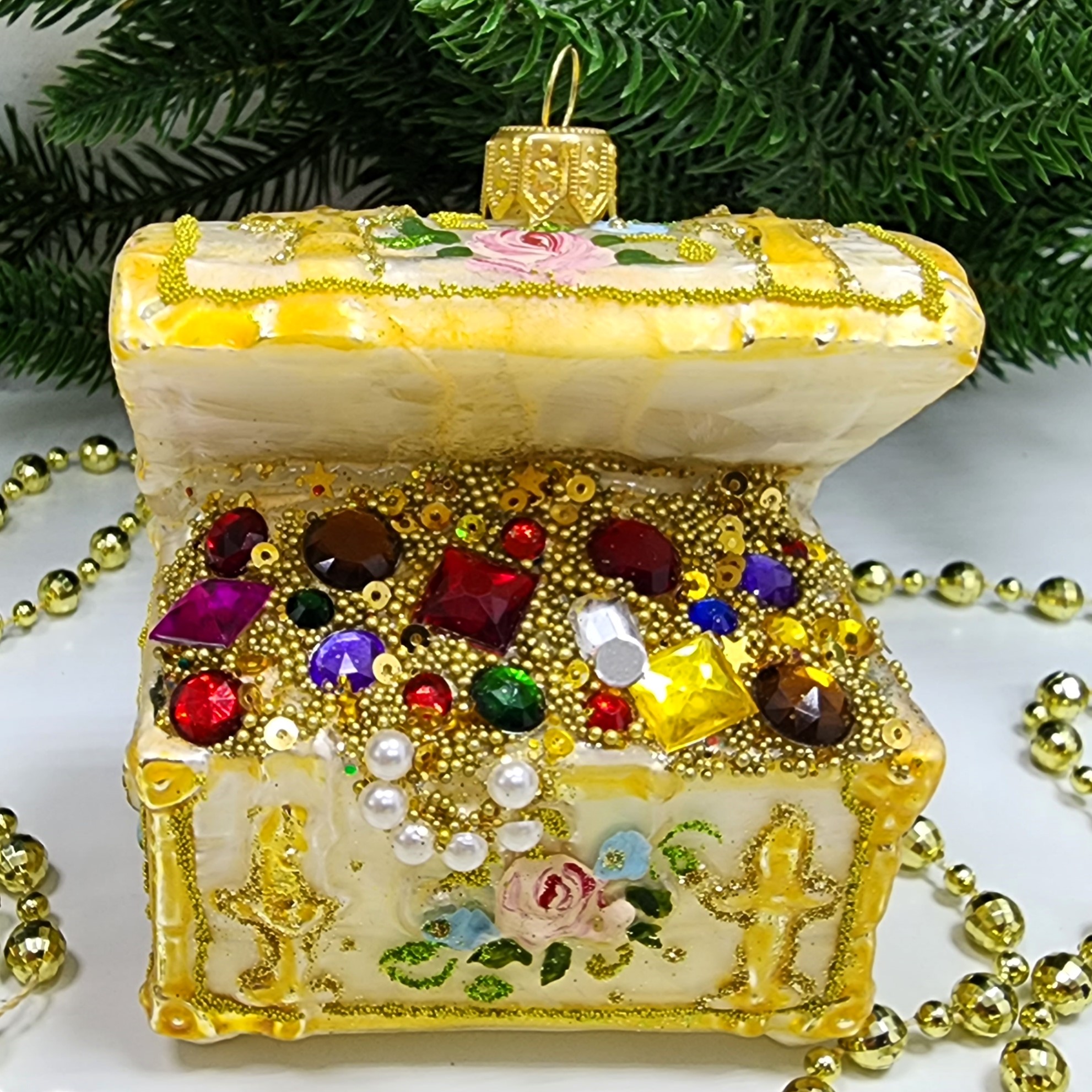 фото Стеклянная елочная игрушка Сундук с золотом Версаль
