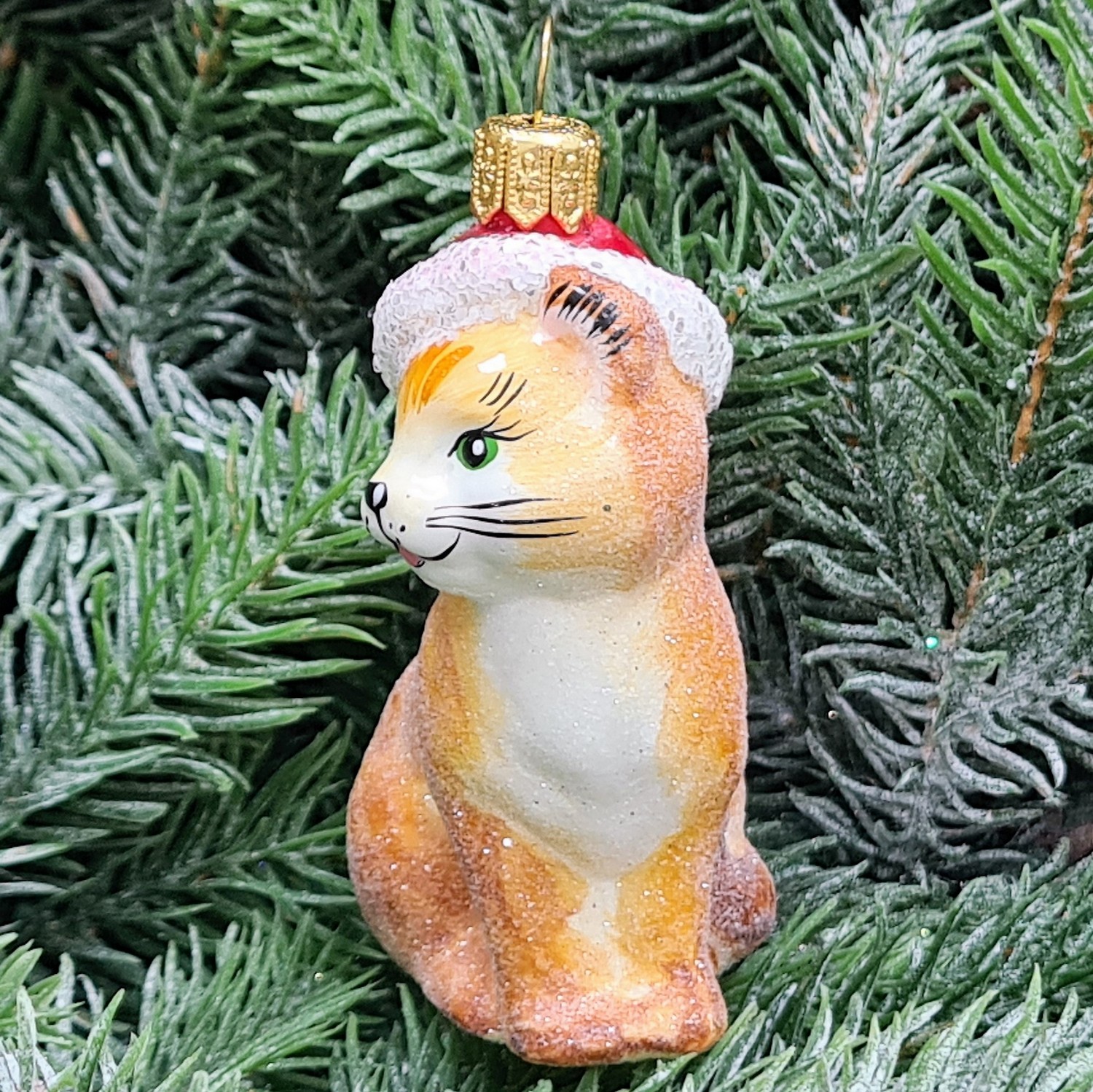 фото Стеклянная елочная игрушка Котик в шапке рыжий