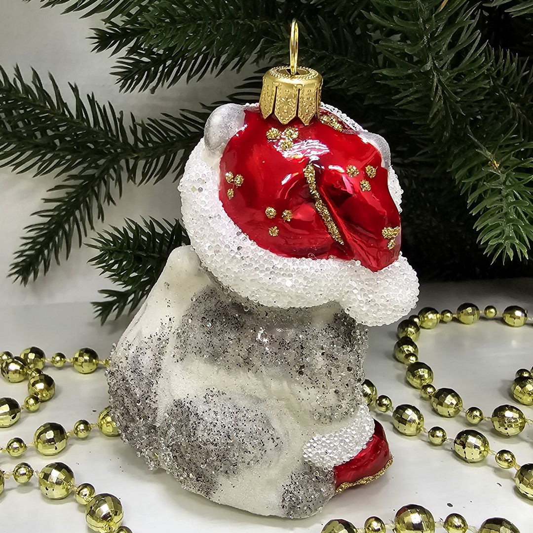 фото Стеклянная елочная игрушка Котенок санта