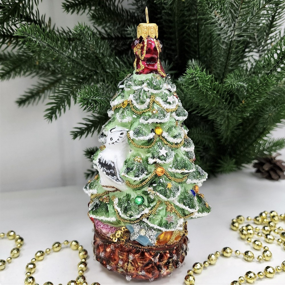 фото Стеклянная елочная игрушка Елка с совой и звездой