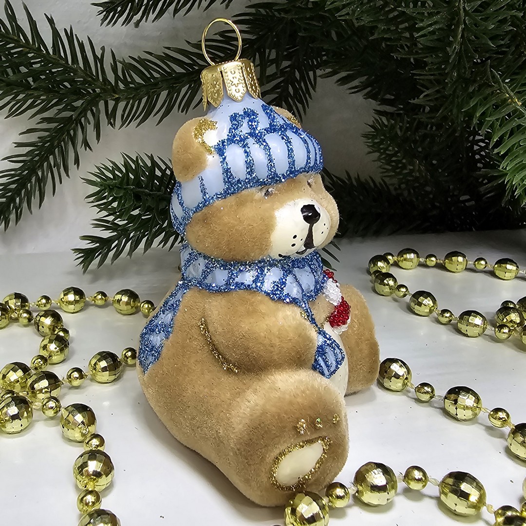 фото Стеклянная елочная игрушка Мишка беби флок