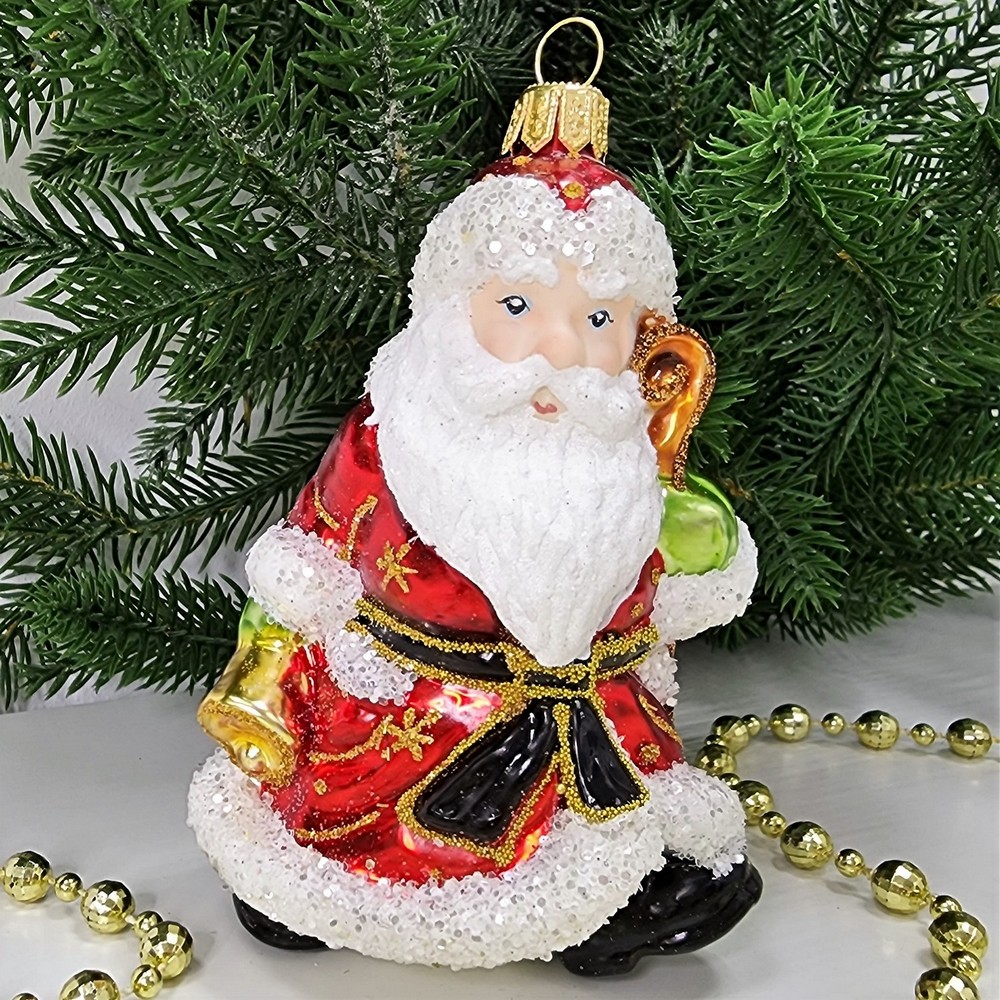 фото Стеклянная елочная игрушка Дед Мороз с колокольчиком