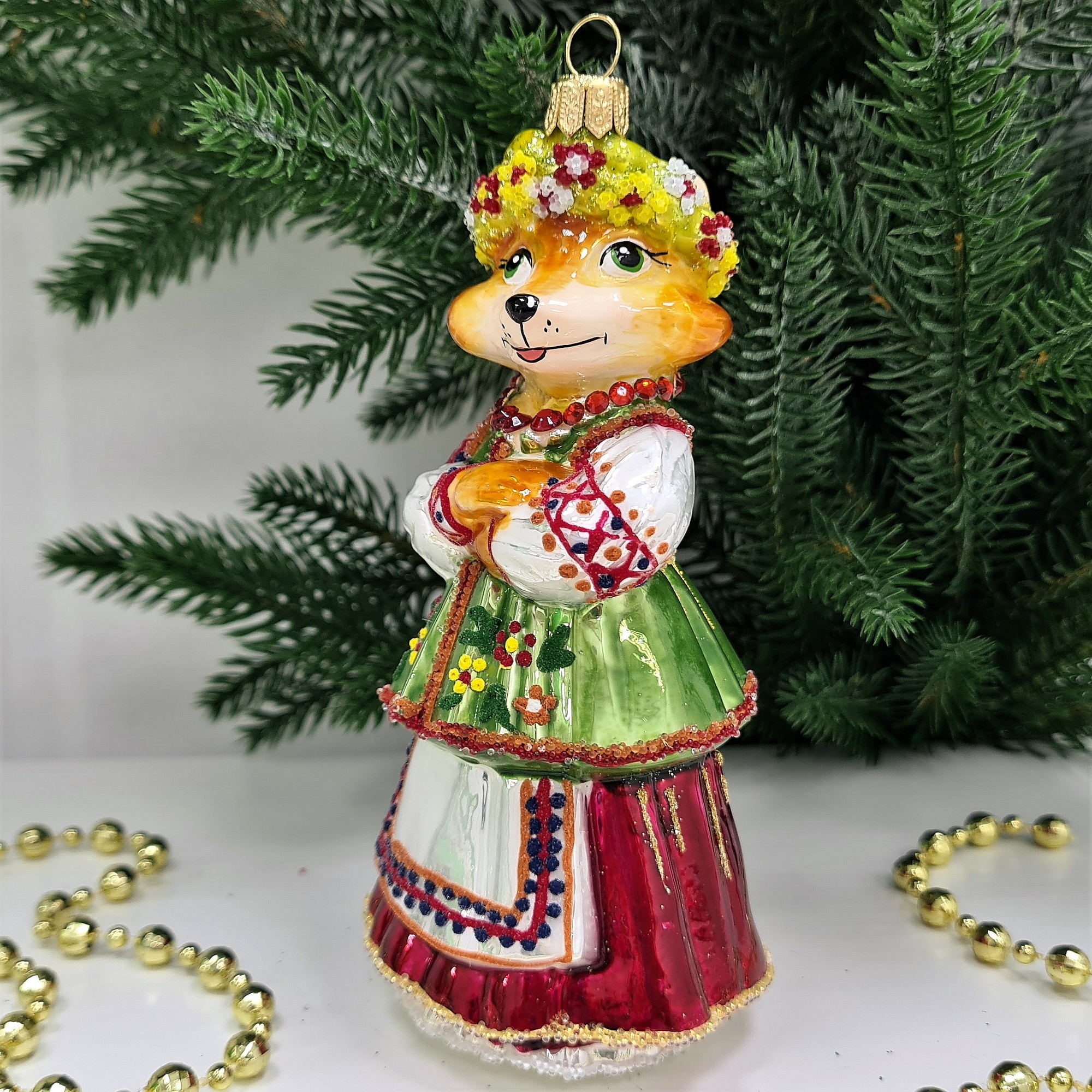 фото Стеклянная елочная игрушка Лиса в веночке