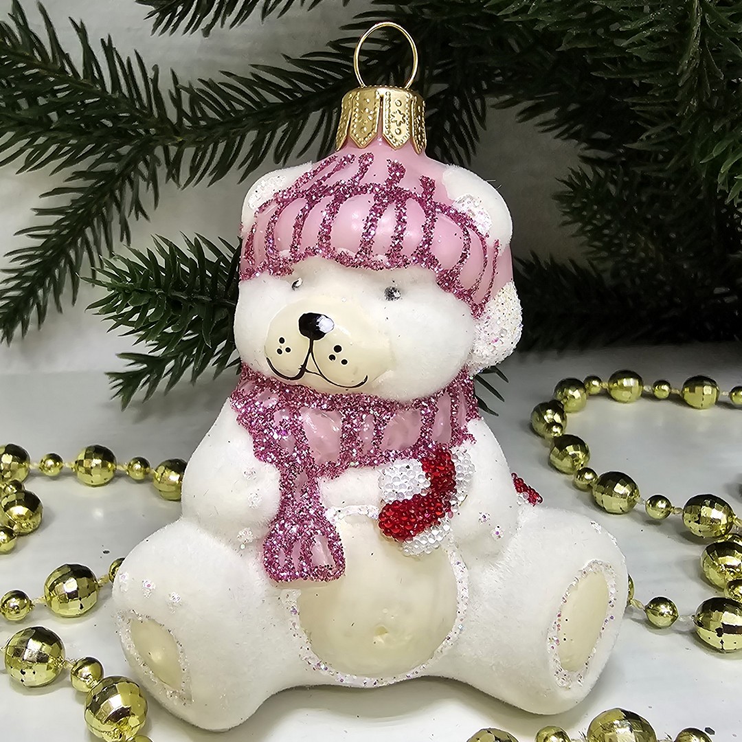 фото Стеклянная елочная игрушка Мишка беби флок