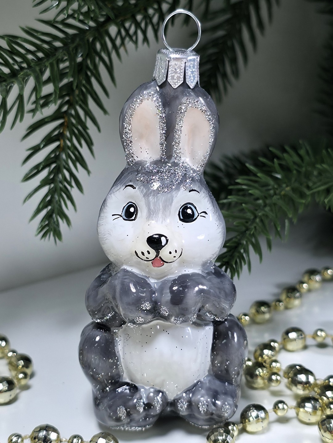 фото Стеклянная елочная игрушка Зайчик