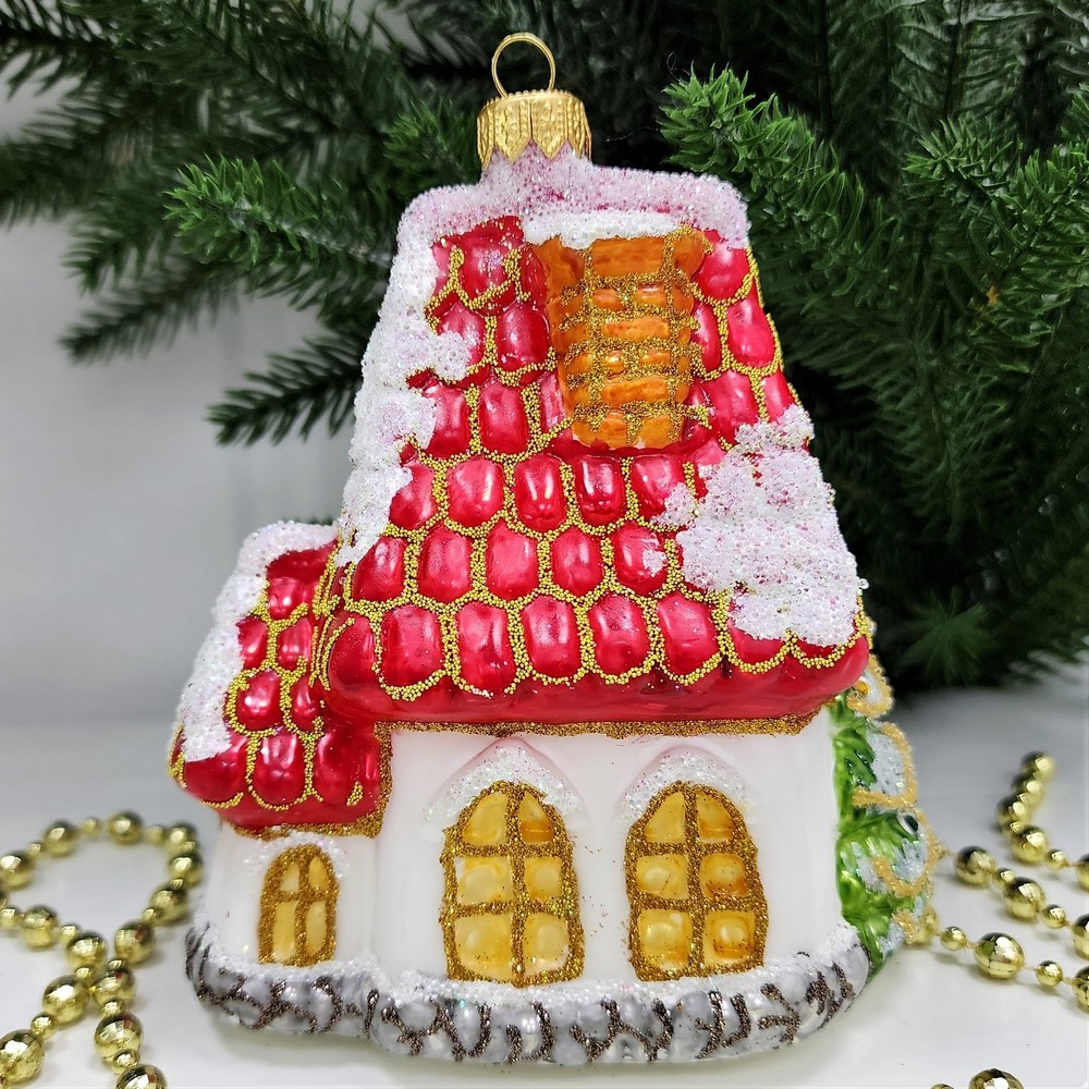 фото Стеклянная елочная игрушка Домик Мельница