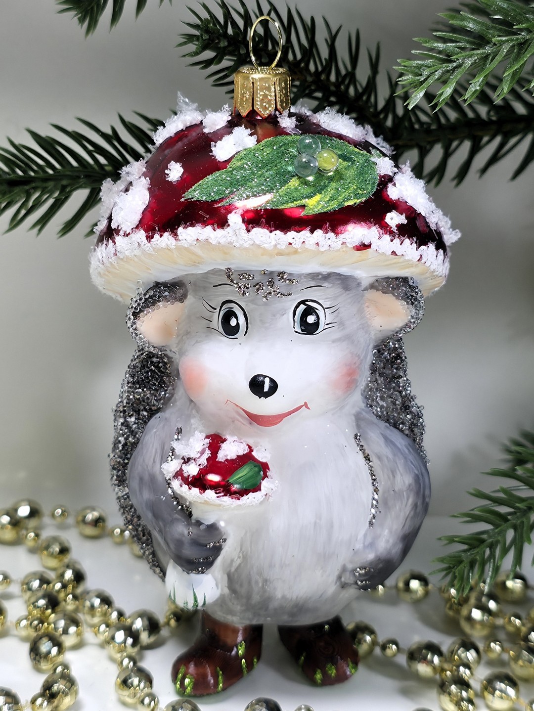 фото Стеклянная елочная игрушка Ежик грибок мухомор