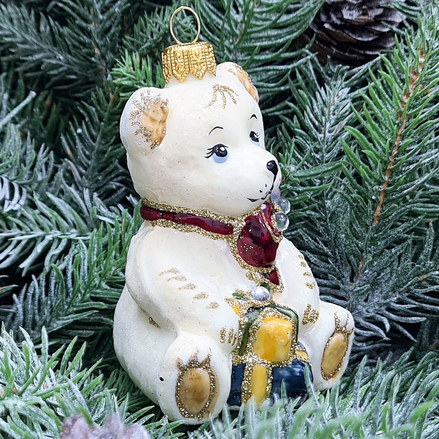 фото Стеклянная елочная игрушка Мишка с подарками