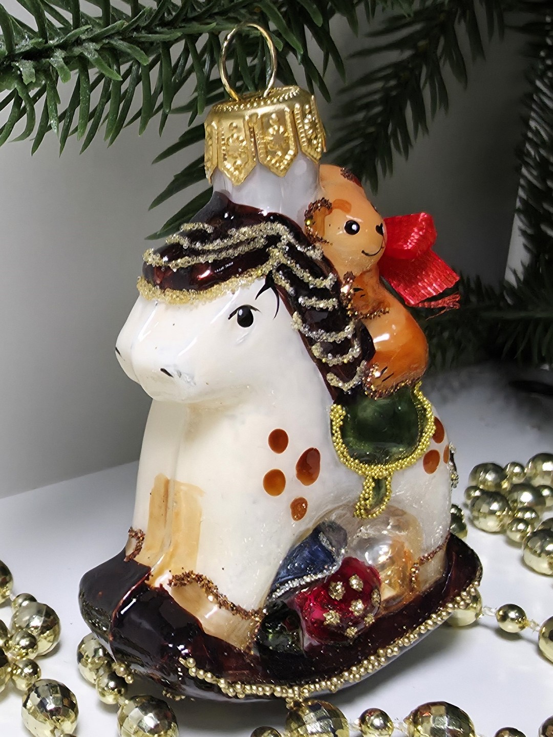 фото Стеклянная елочная игрушка Мишка на лошадке