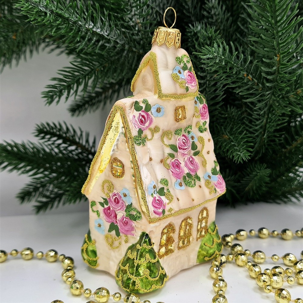 фото Стеклянная елочная игрушка Домик с острой крышей версаль