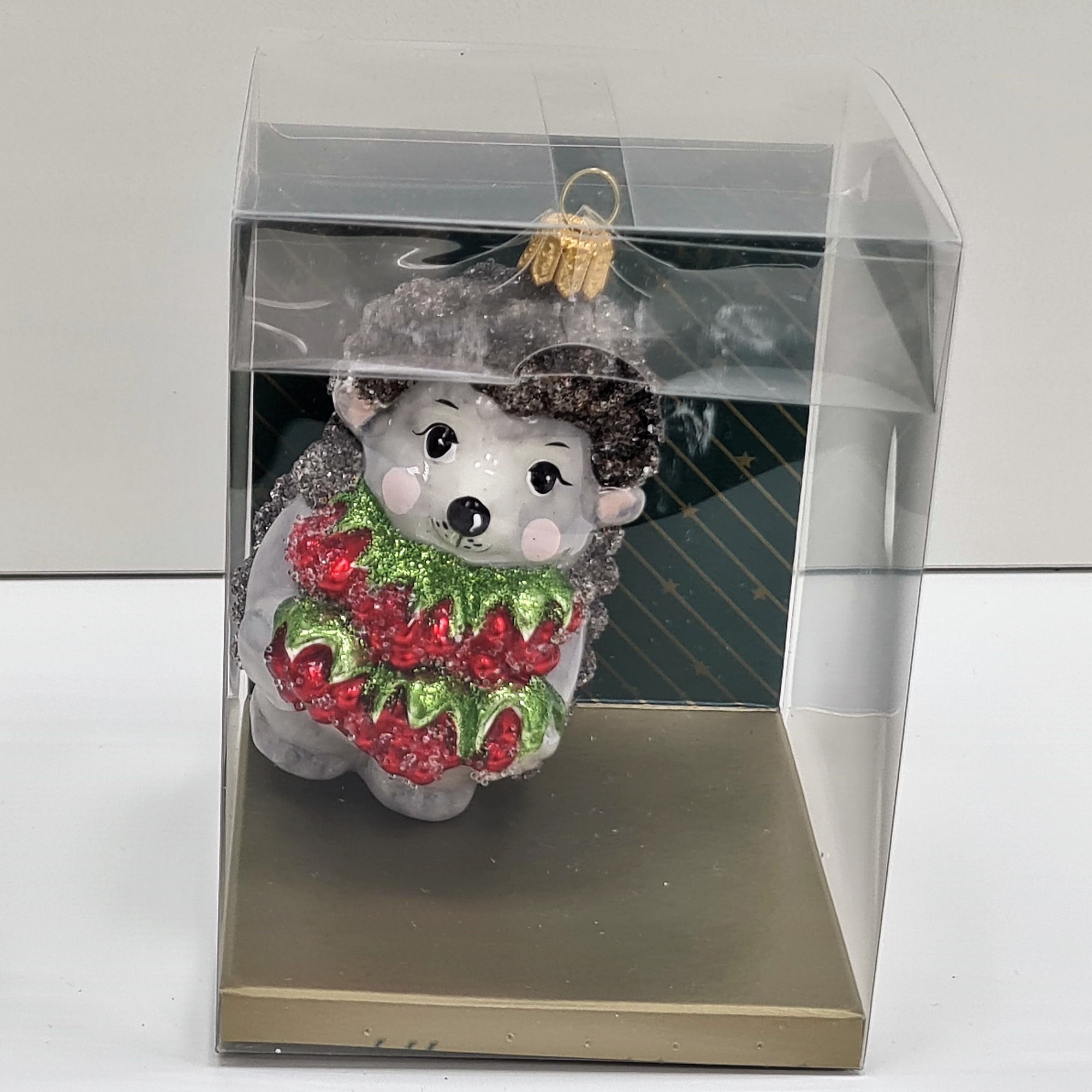 фото Стеклянная елочная игрушка Ежик с малиной