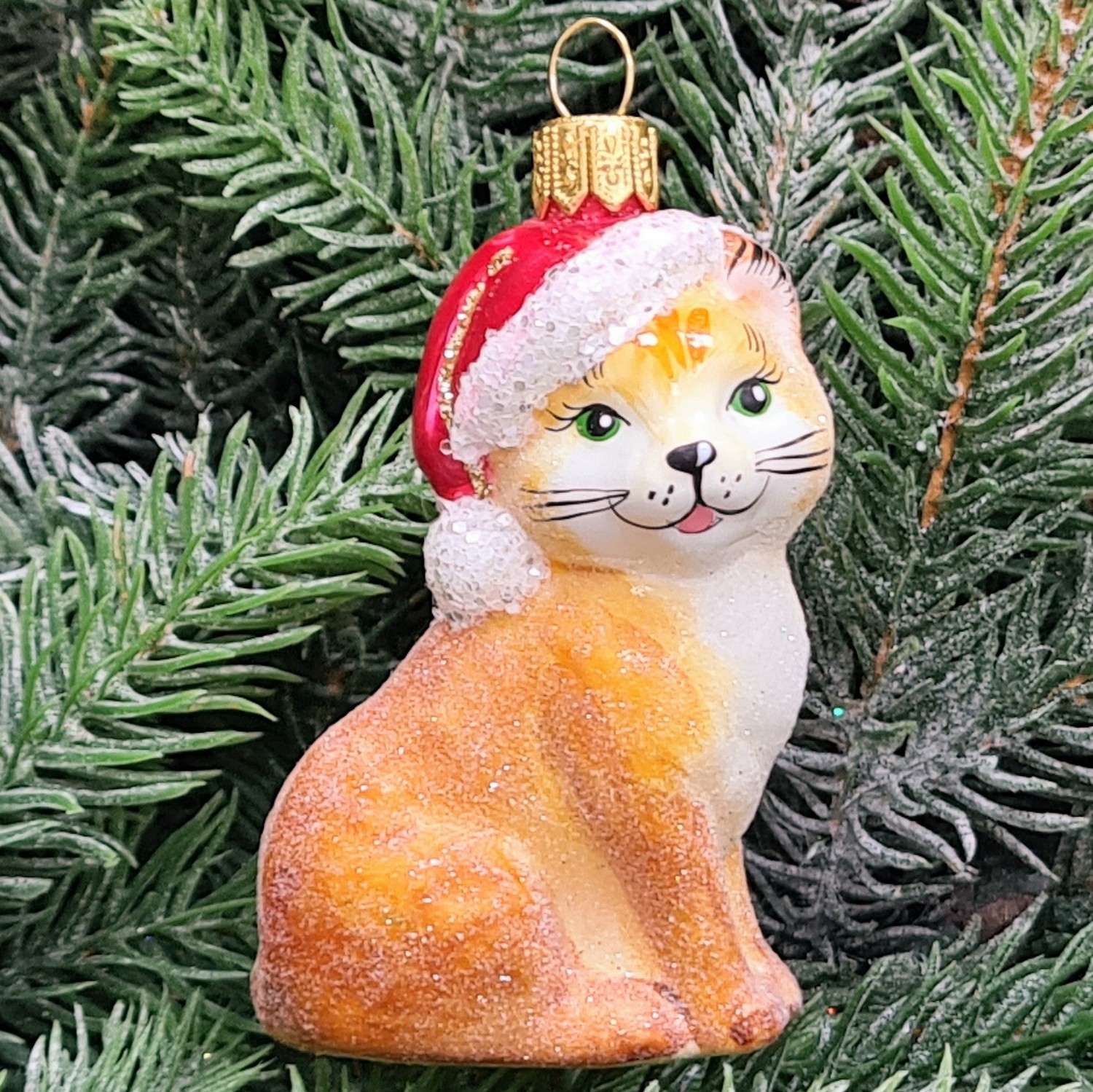фото Стеклянная елочная игрушка Котик в шапке рыжий