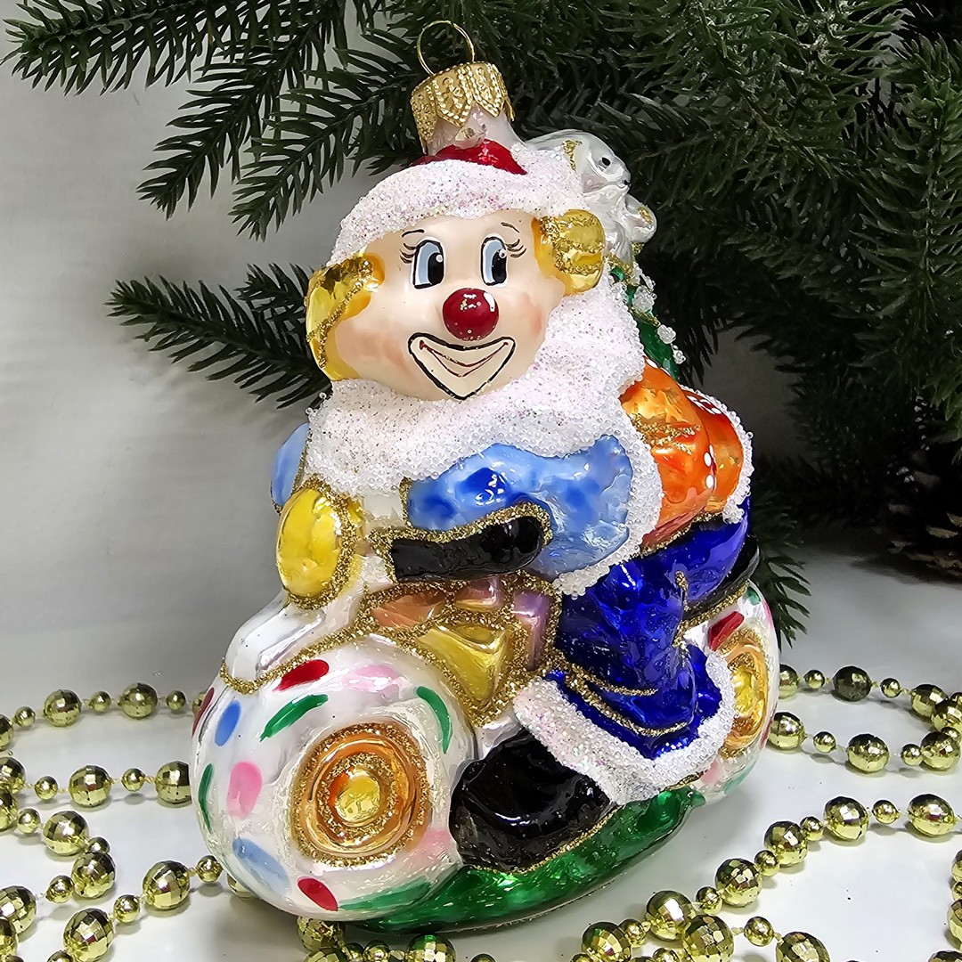 фото Стеклянная елочная игрушка Клоун на мотоцикле