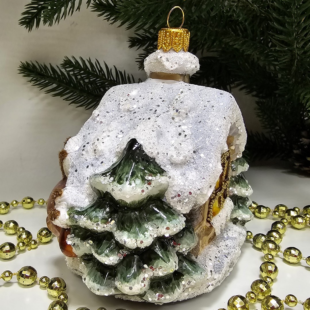 фото Стеклянная елочная игрушка Домик с олененком