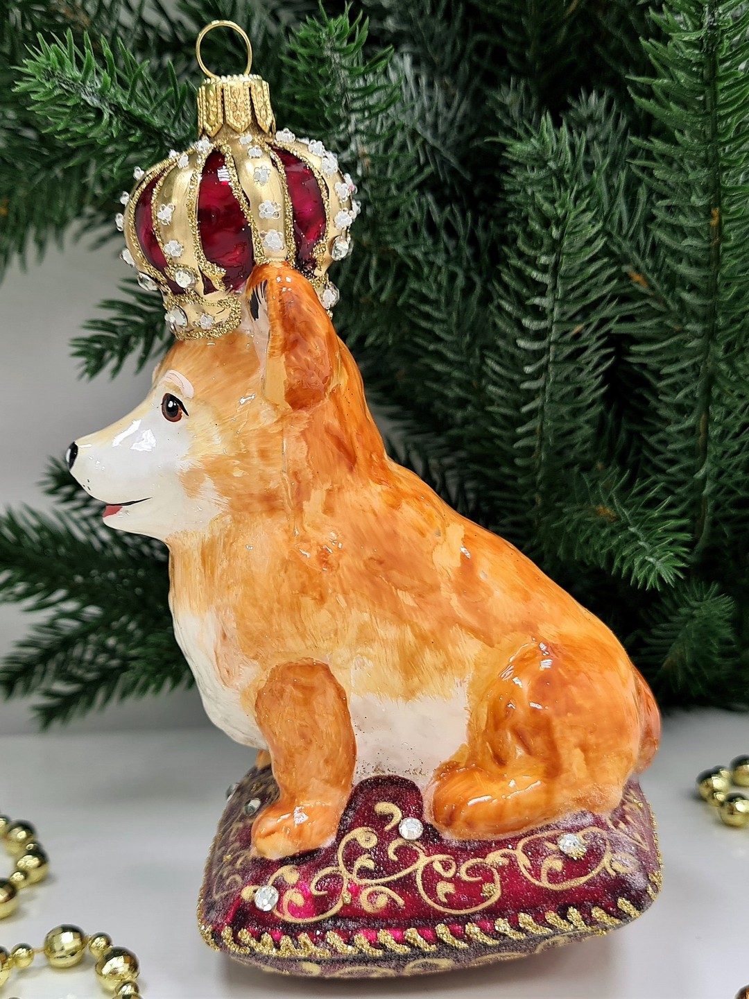 фото Стеклянная елочная игрушка Корги в короне