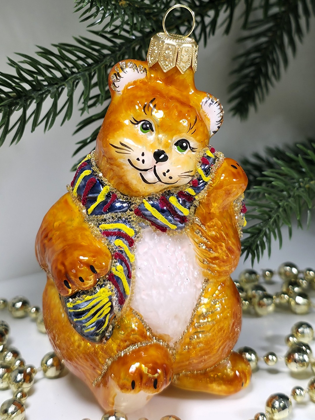 фото Стеклянная елочная игрушка Котик в шарфе