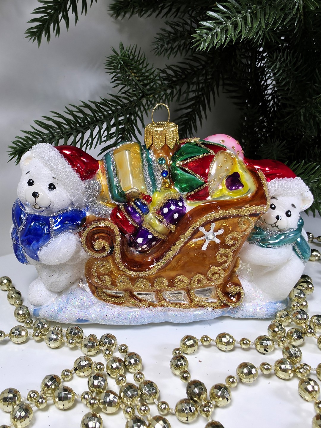 фото Стеклянная елочная игрушка Мишки тянут саночки