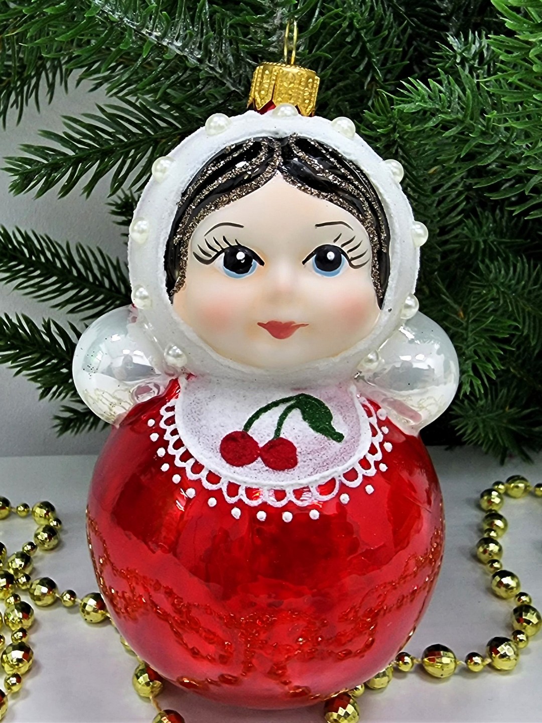 фото Стеклянная елочная игрушка Матрешка неваляшка