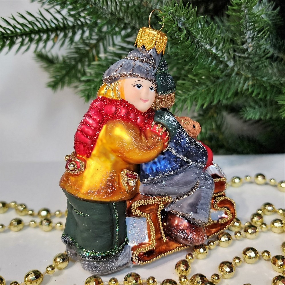 фото Стеклянная елочная игрушка Царские дети на санях