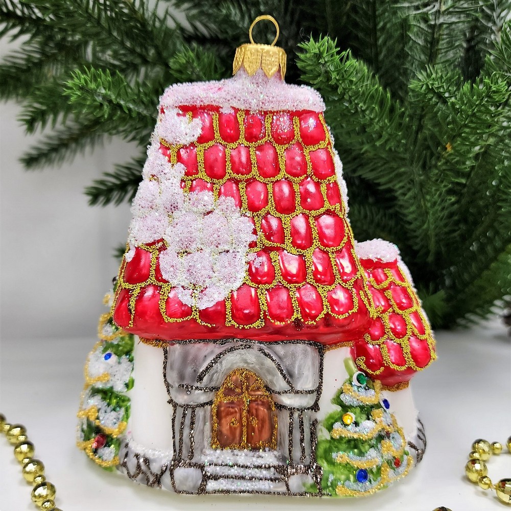 фото Стеклянная елочная игрушка Домик Мельница