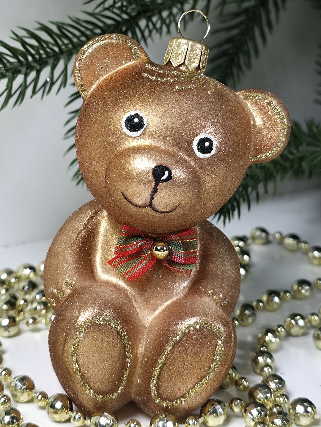 фото Стеклянная елочная игрушка Мишка с бантом