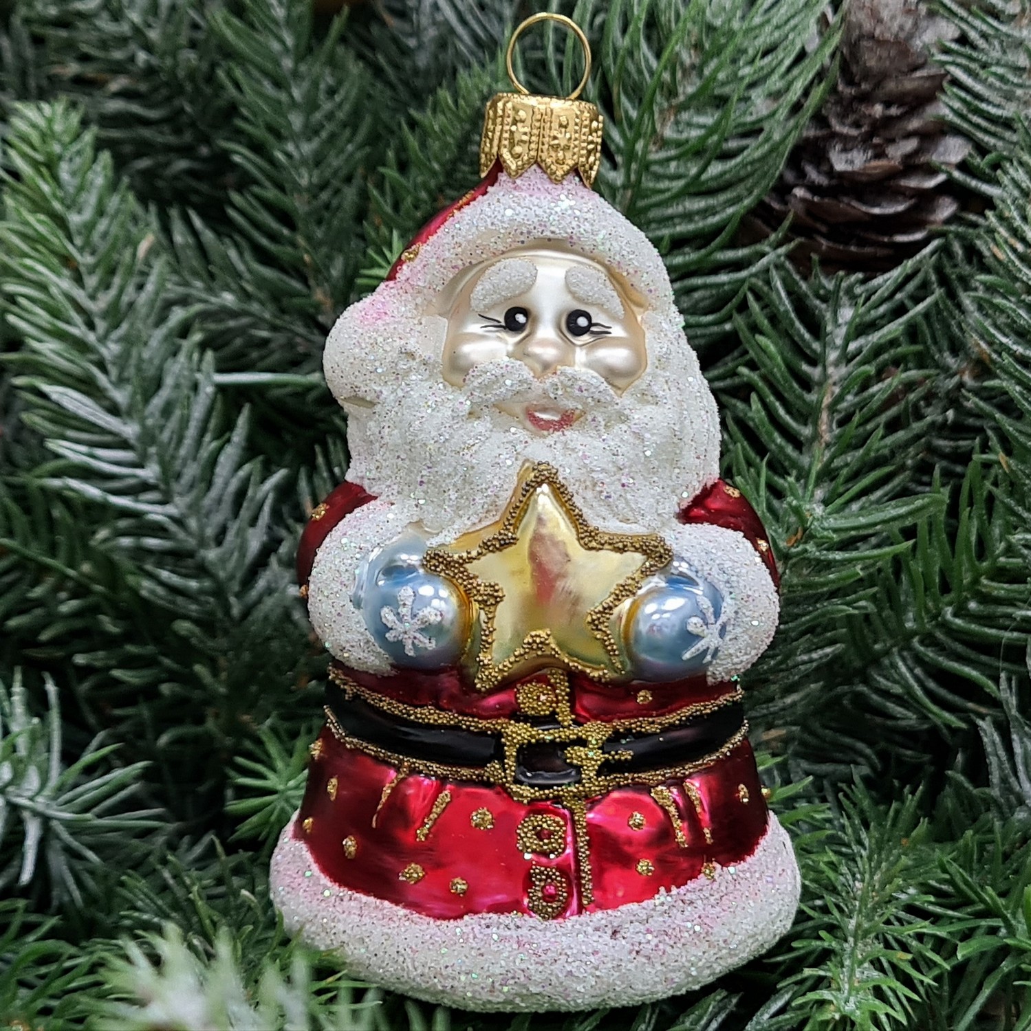 фото Стеклянная елочная игрушка Дед Мороз со звездой