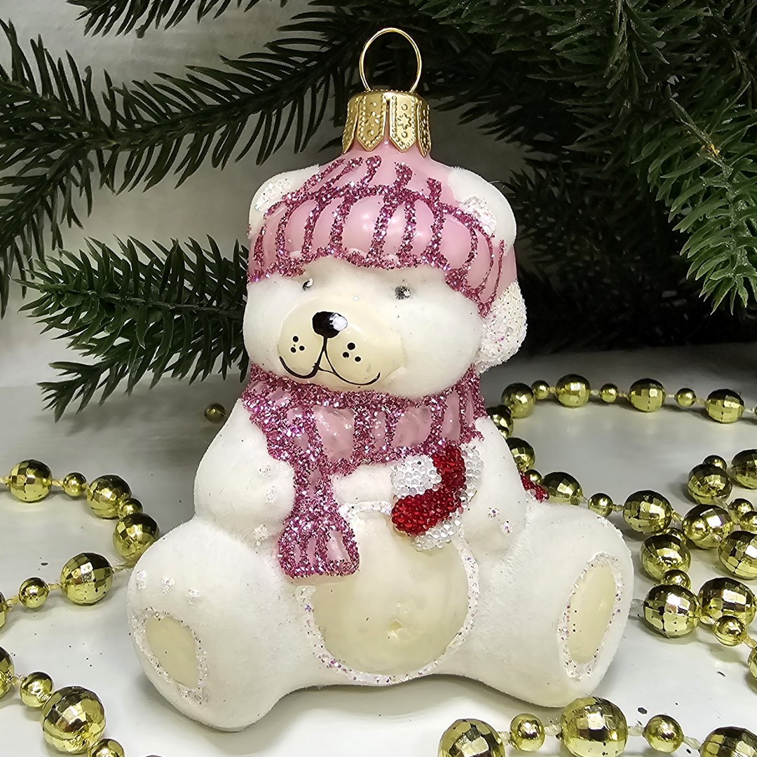 фото Стеклянная елочная игрушка Мишка беби флок