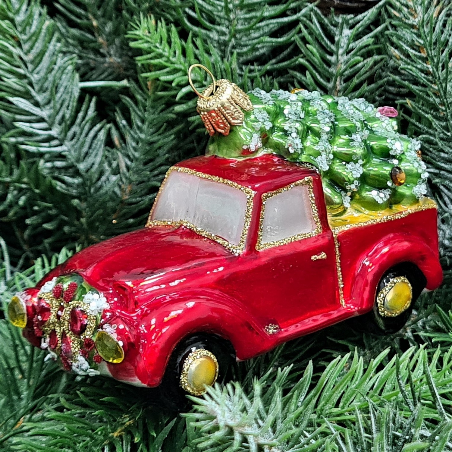 фото Стеклянная елочная игрушка Машинка с елкой