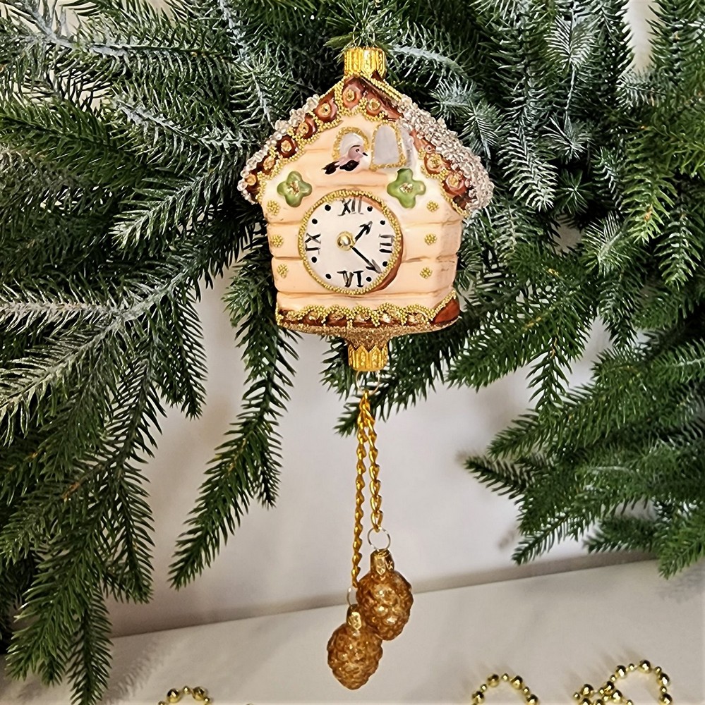 фото Стеклянная елочная игрушка Часы с кукушкой винтаж