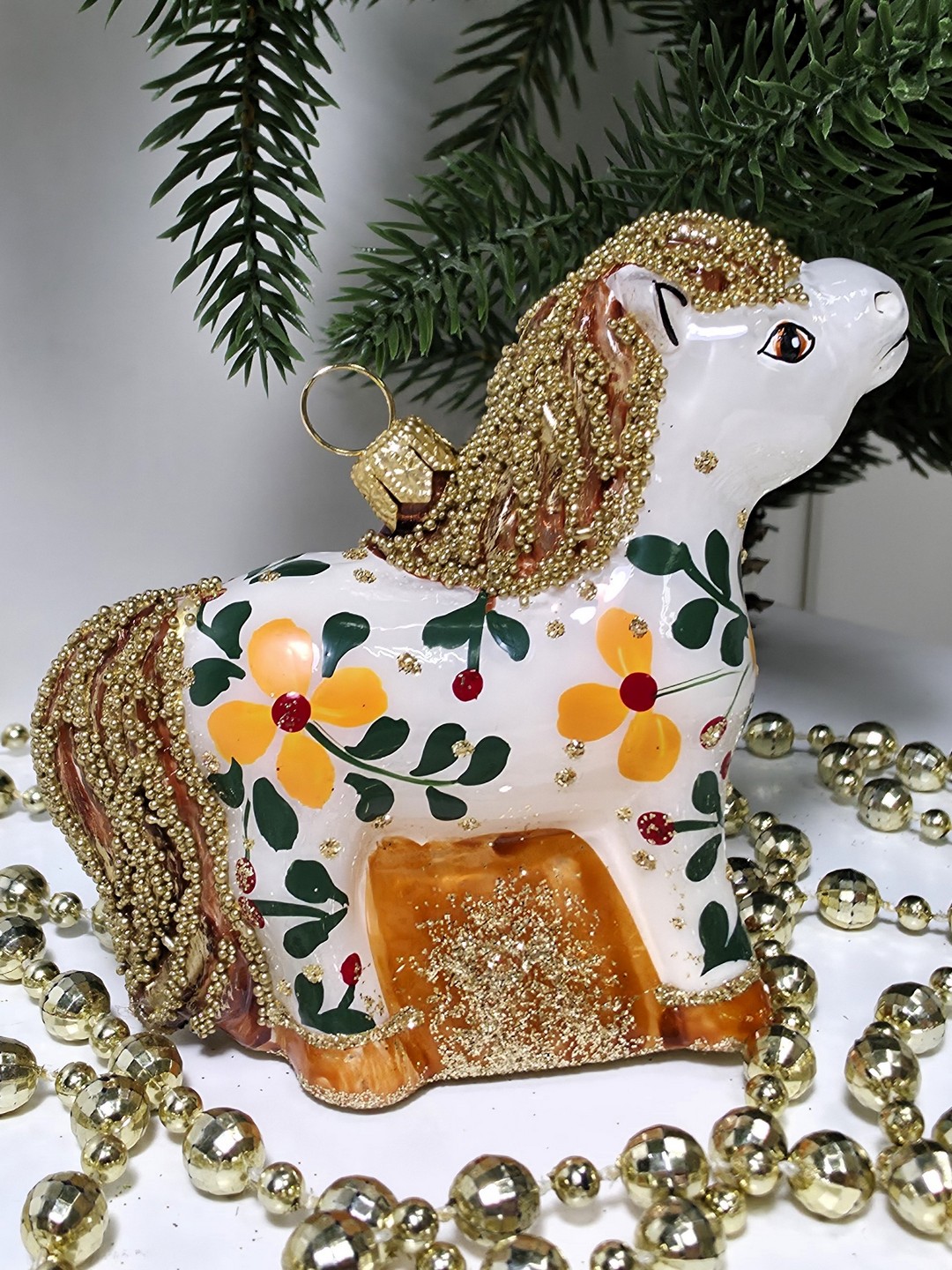 фото Стеклянная елочная игрушка Лошадка расписная