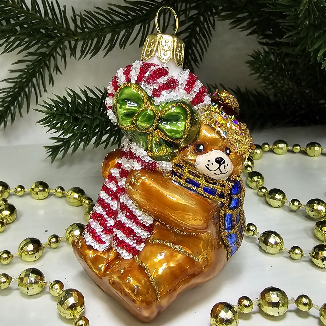 фото Стеклянная елочная игрушка Мишка с сахарной палочкой