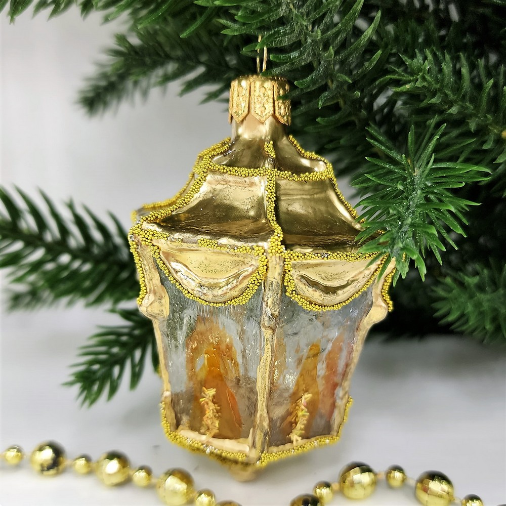 фото Стеклянная елочная игрушка Фонарик малый золотой