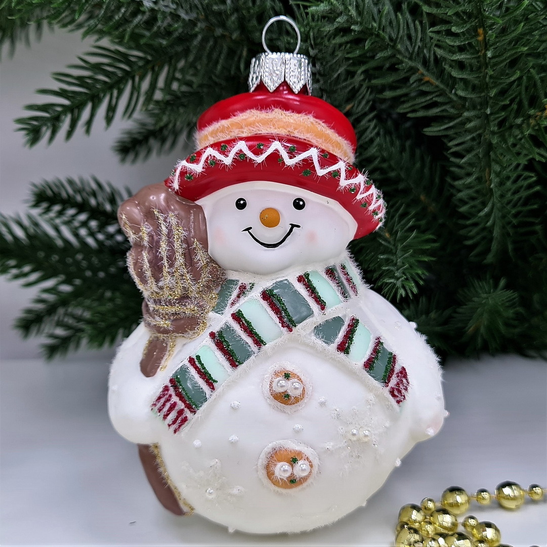 фото Стеклянная елочная игрушка Снеговик с метлой