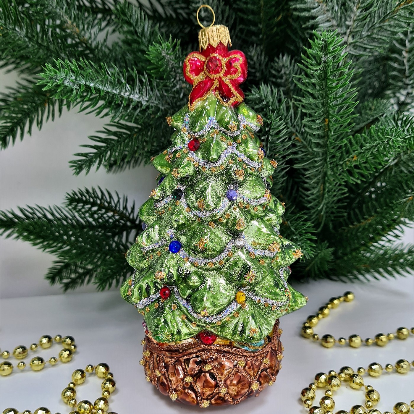 фото Стеклянная елочная игрушка Елка с совой и бантом