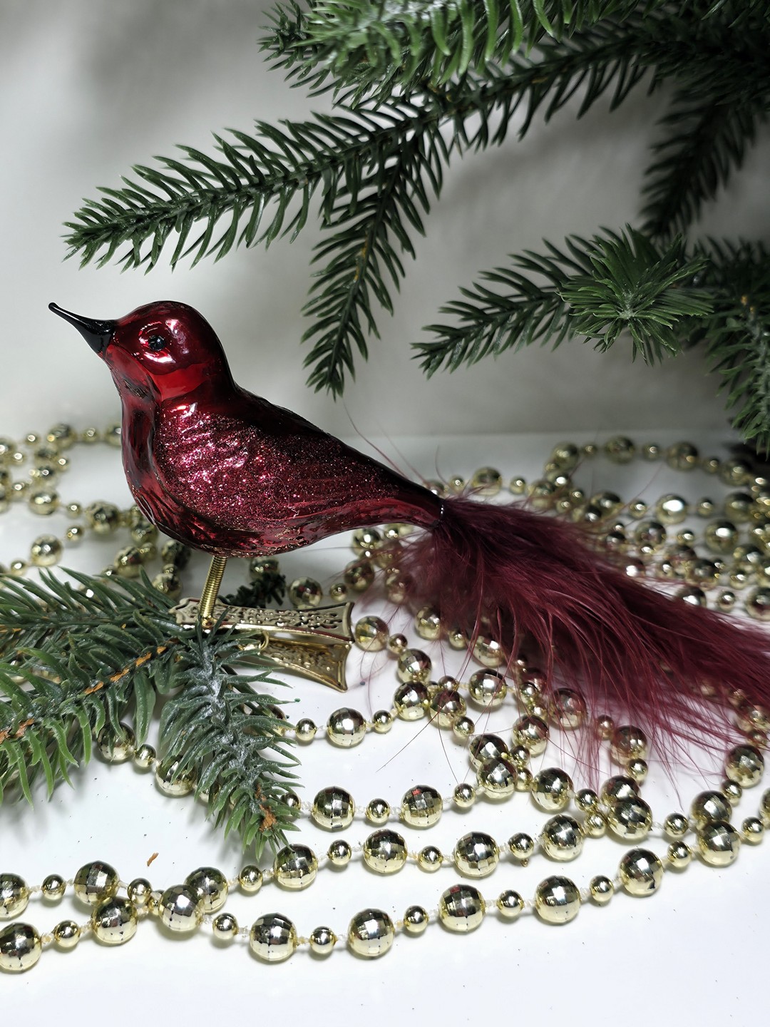 фото Стеклянная елочная игрушка Птичка на прищепке