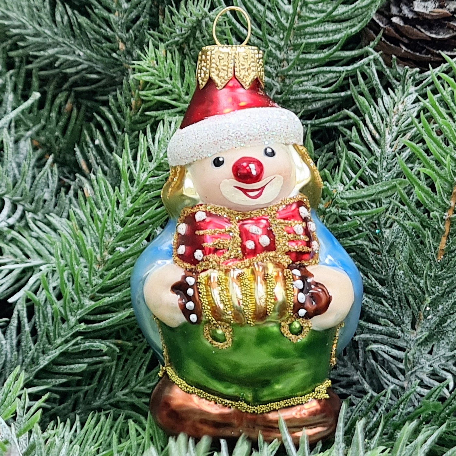 фото Стеклянная елочная игрушка Клоун с гармошкой