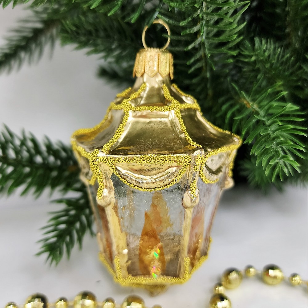фото Стеклянная елочная игрушка Фонарик малый золотой