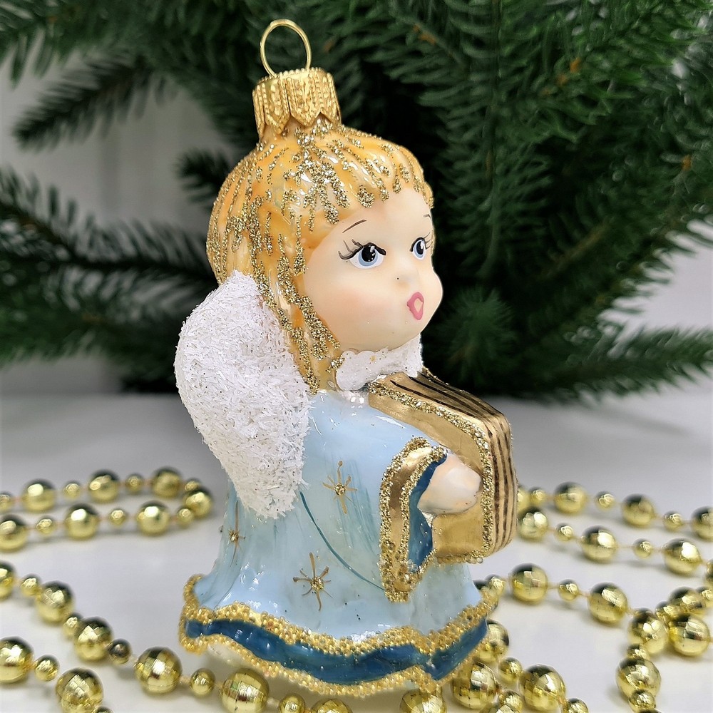 фото Стеклянная елочная игрушка Ангелочек с книгой