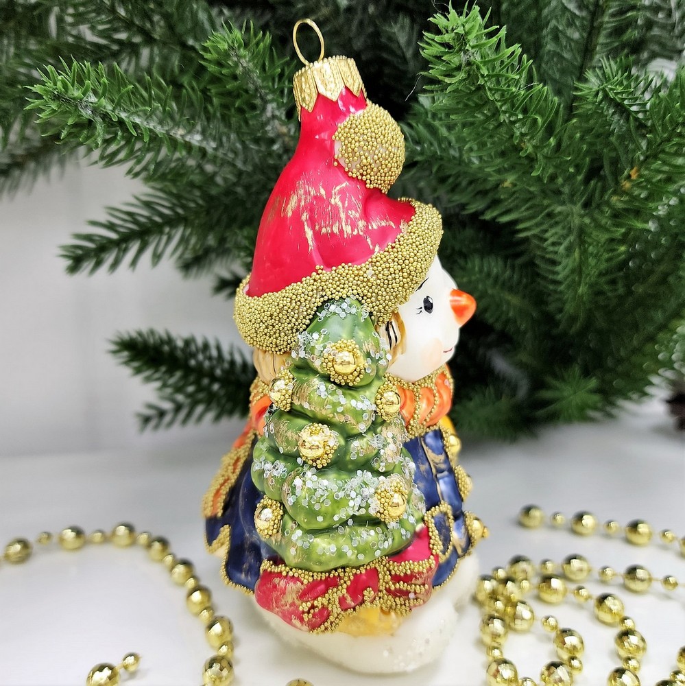 фото Стеклянная елочная игрушка Снеговик с елкой винтаж