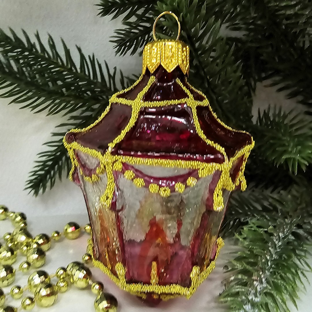 фото Стеклянная елочная игрушка Фонарик красный