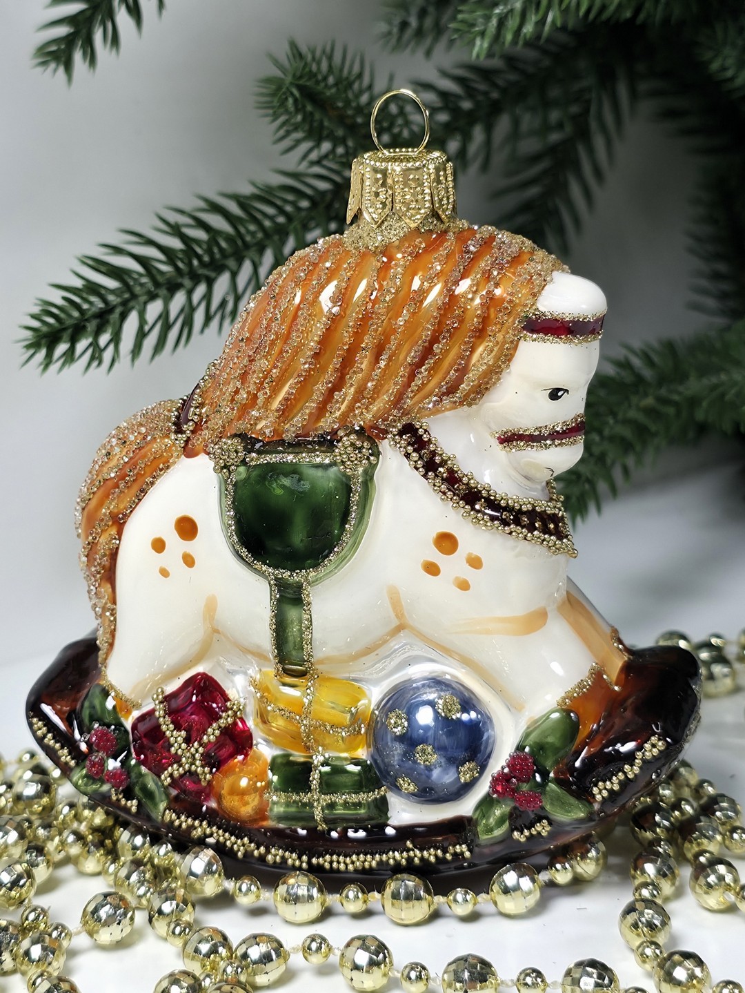 фото Стеклянная елочная игрушка Лошадка качалка