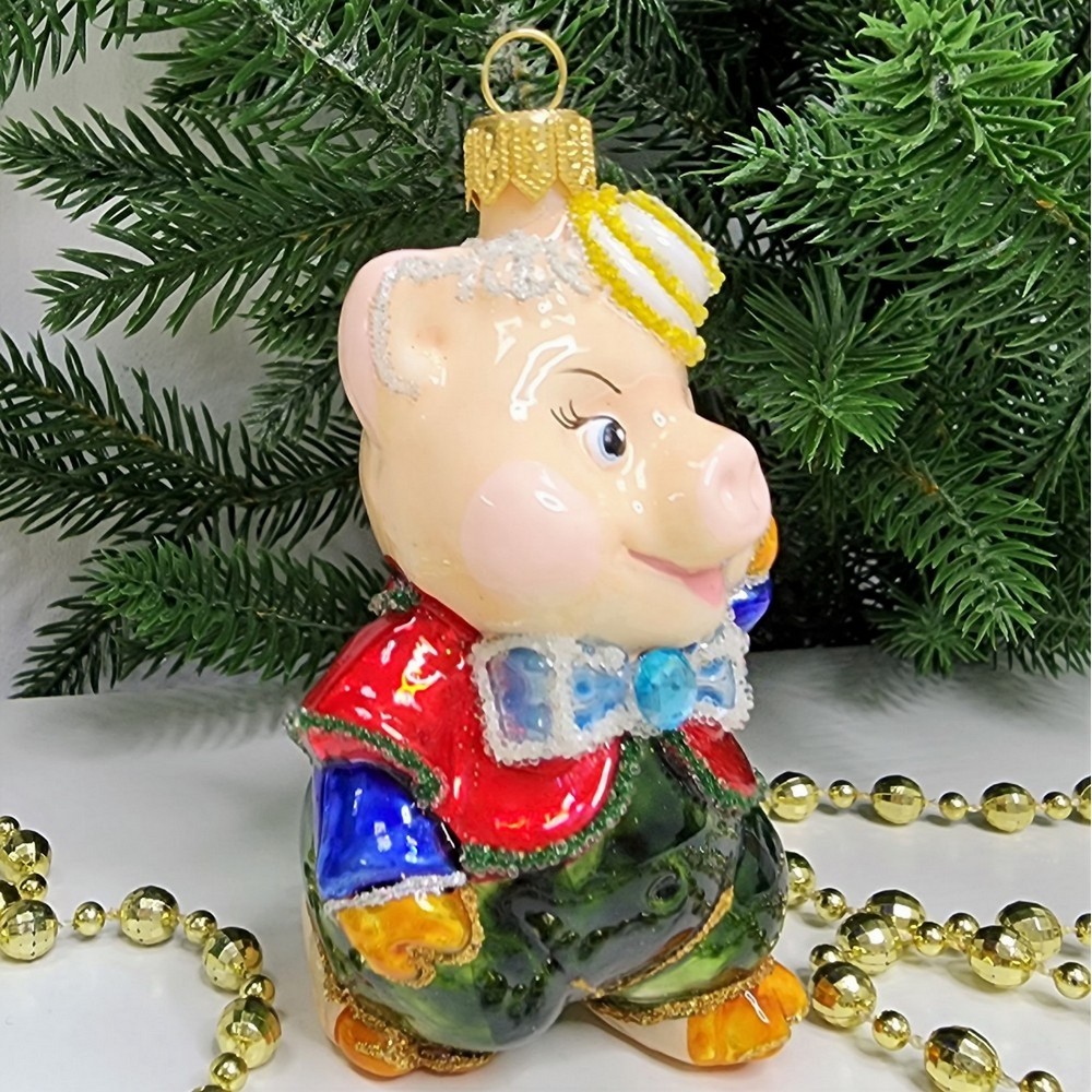 фото Стеклянная елочная игрушка Поросенок в шляпке