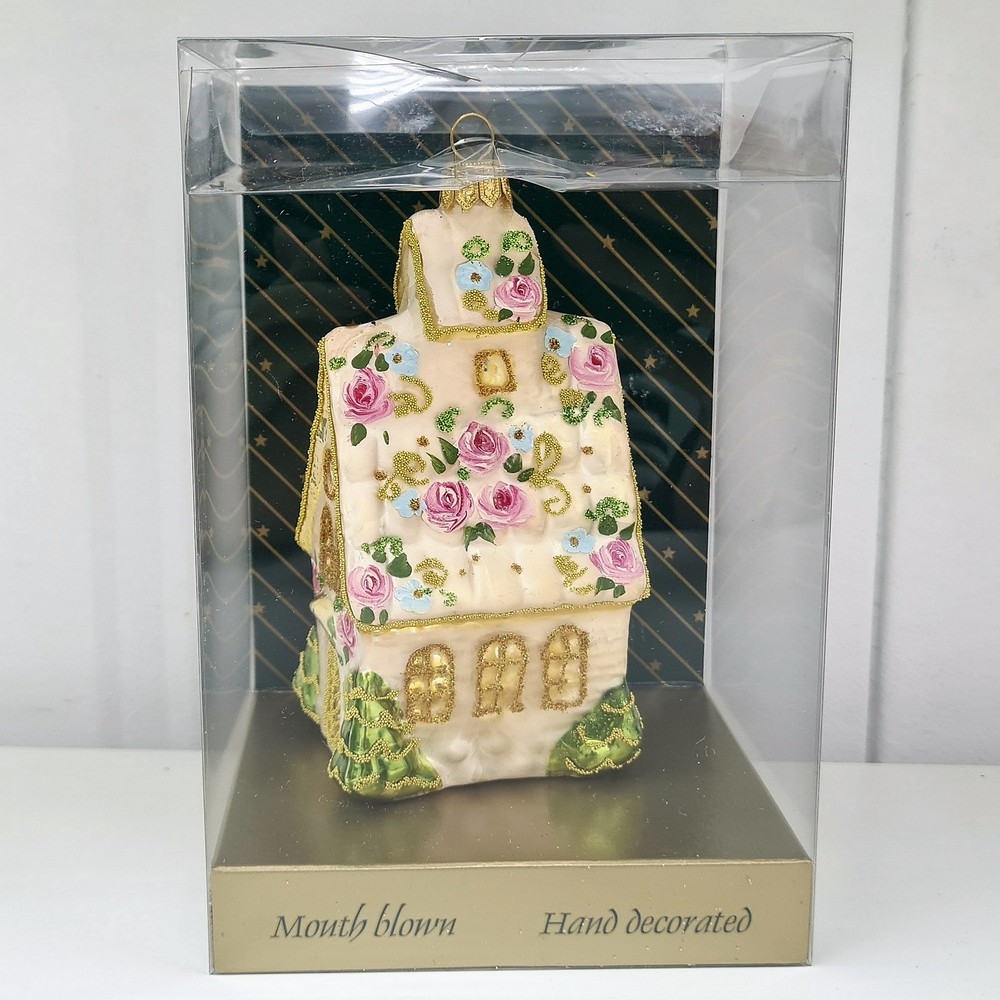 фото Стеклянная елочная игрушка Домик с острой крышей версаль
