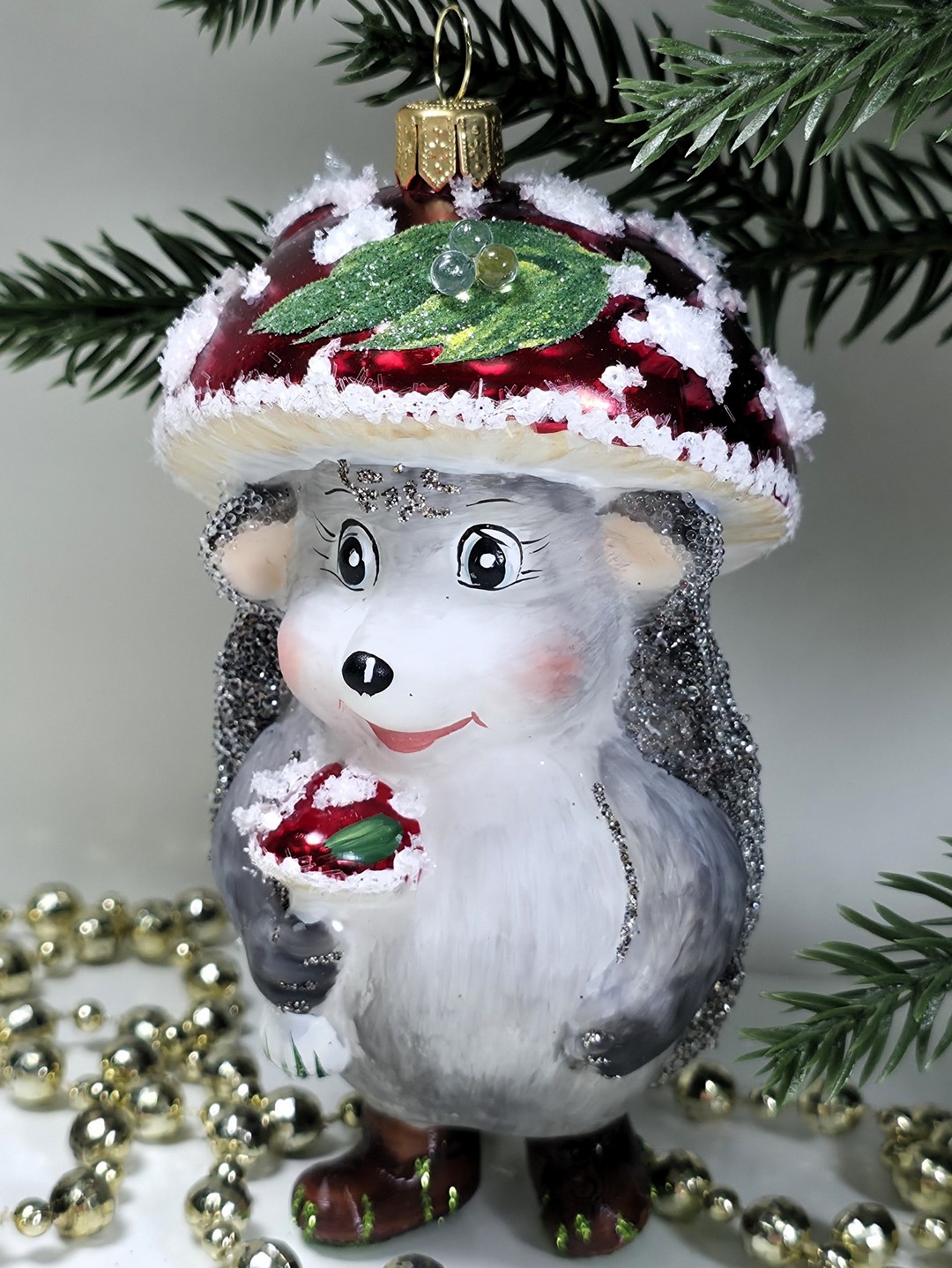 фото Стеклянная елочная игрушка Ежик грибок мухомор