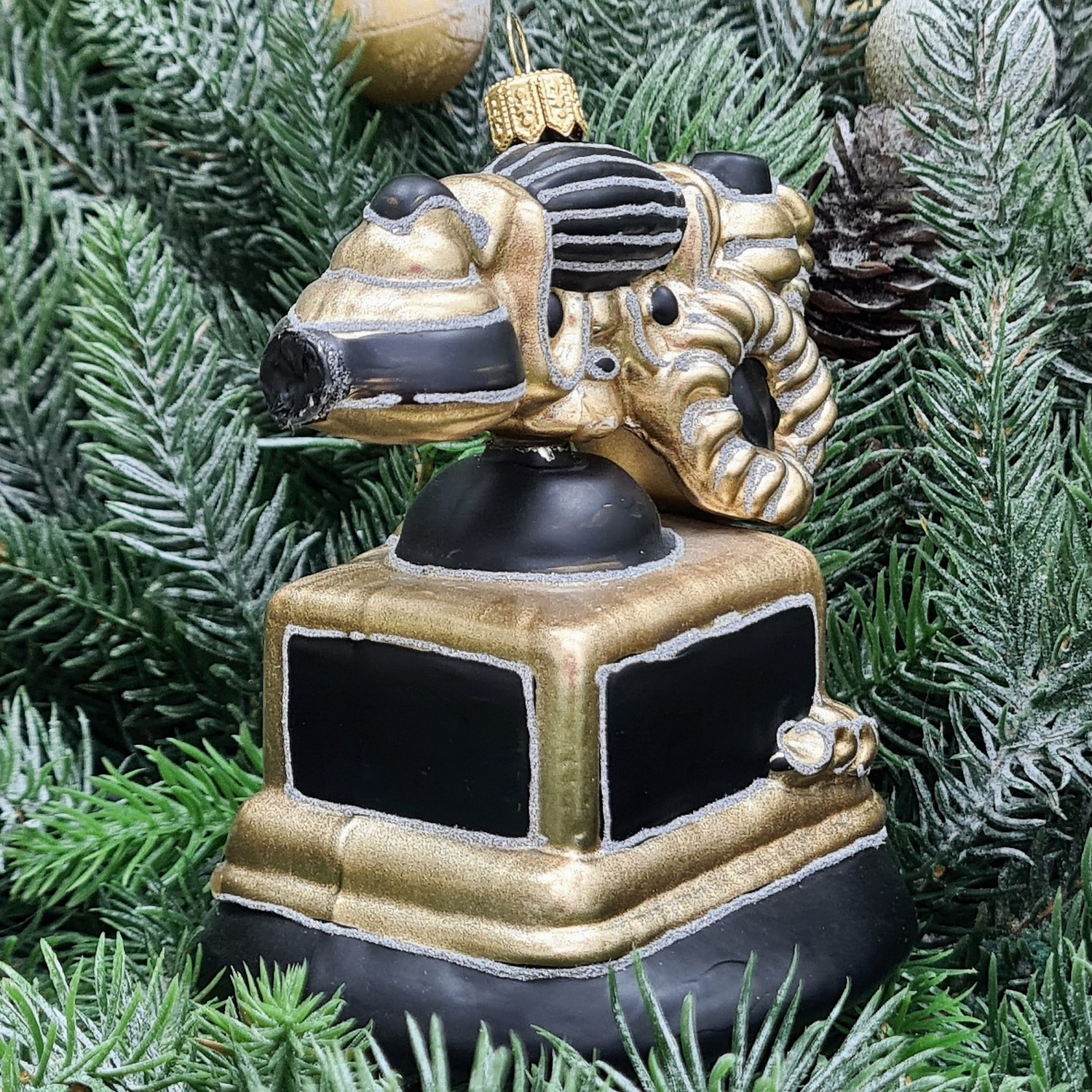 фото Стеклянная елочная игрушка Ретро телефон черный с золотом