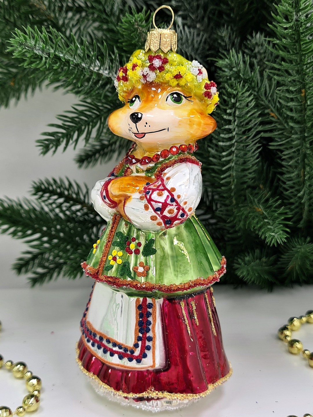 фото Стеклянная елочная игрушка Лиса в веночке