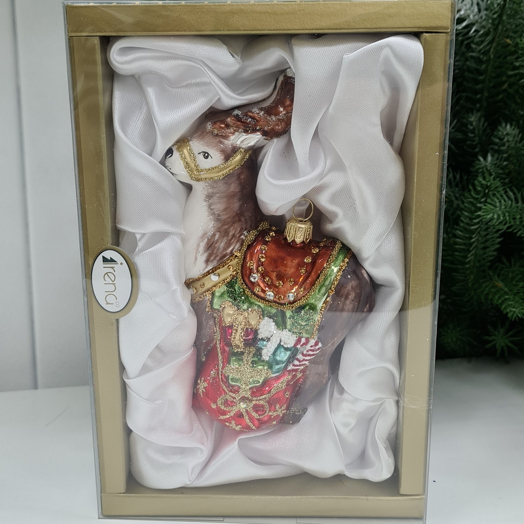 фото Стеклянная елочная игрушка Олень с подарками